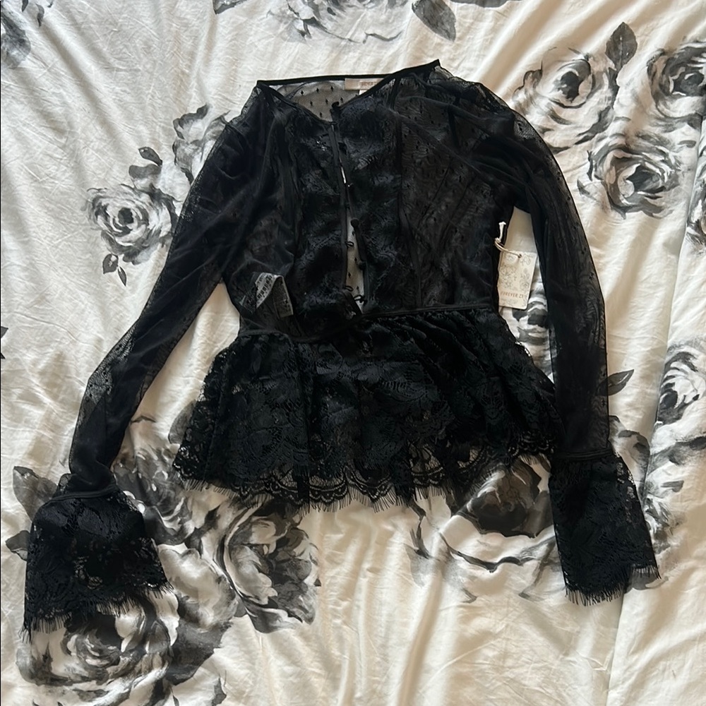 Forever 21 Black Lace Peplum Blouse